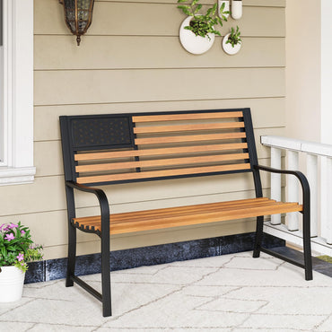 Banc de jardin extérieur Tangkula 50", chaise de patio en métal 2 places avec dossier à motif drapeau et finition en grain de bois rustique