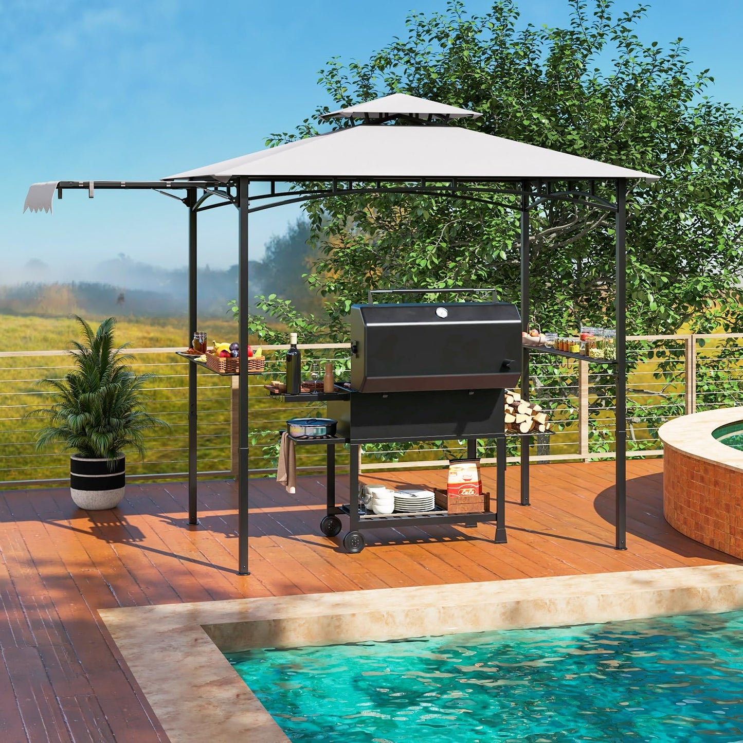 Tangkula 10.5x5 FT Grill Gazebo with Side Awning, 2-Tier Barbecue Gazebo with 2 Shelves, 12 Hanging Hooks
