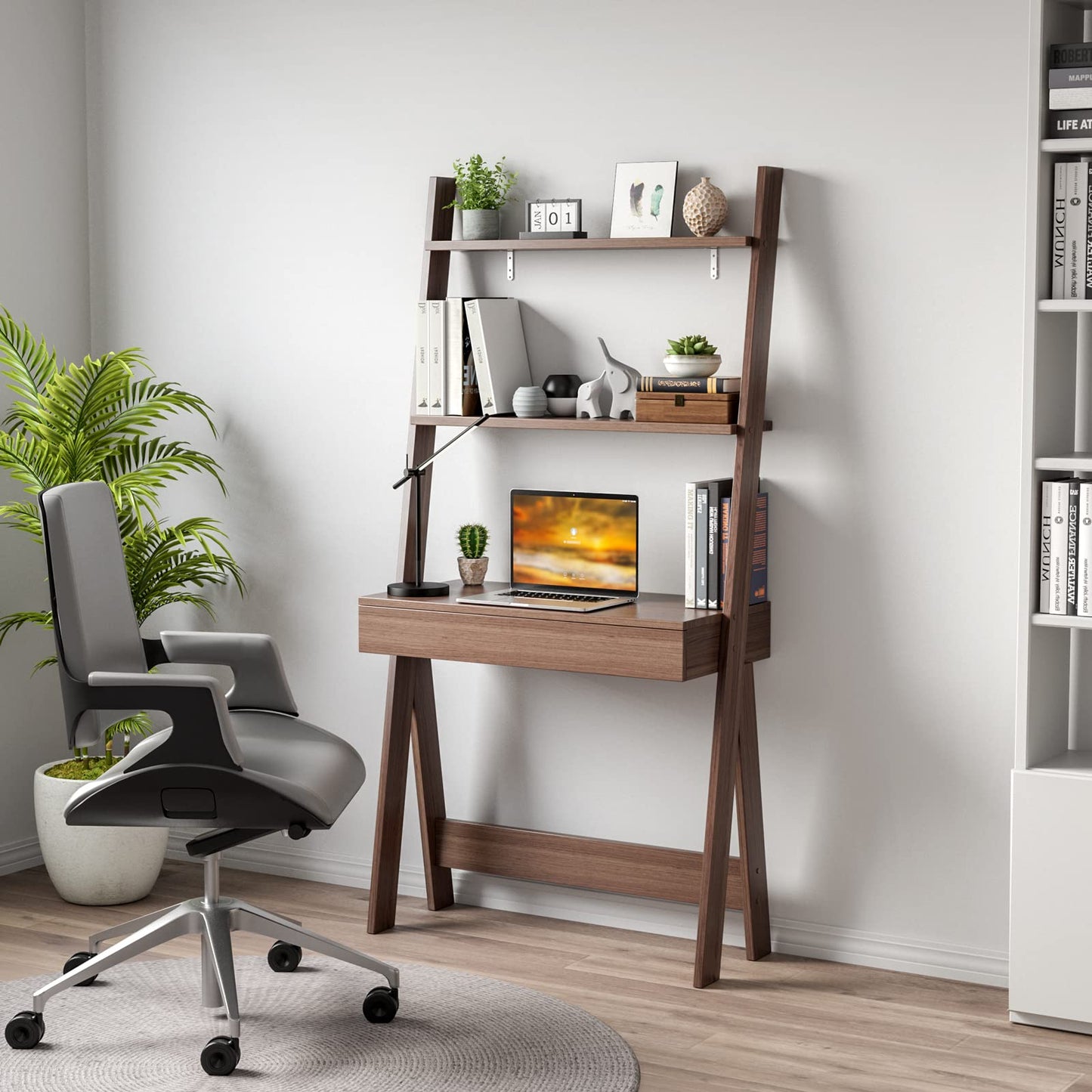 Tangkula Ladder Desk with Countertop & Drawer, Freestanding 2-Tier Ladder Shelf Desk