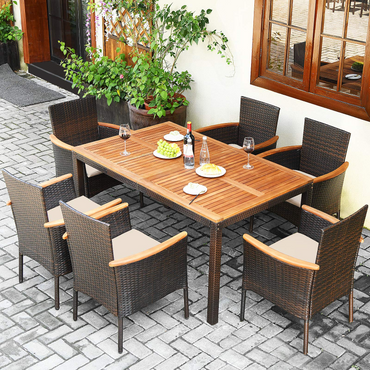 Ensemble de salle à manger Tangkula 7 pièces en rotin pour patio, ensemble de conversation extérieur avec plateau de table en bois d'acacia et trou pour parasol, chaises empilables avec coussins moelleux