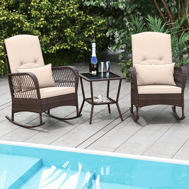 Tangkula Ensemble de 3 Meubles à Bascule pour Patio, Chaises à Bascule en Osier Extérieur Patiojoy avec Table Basse à Double Plateau