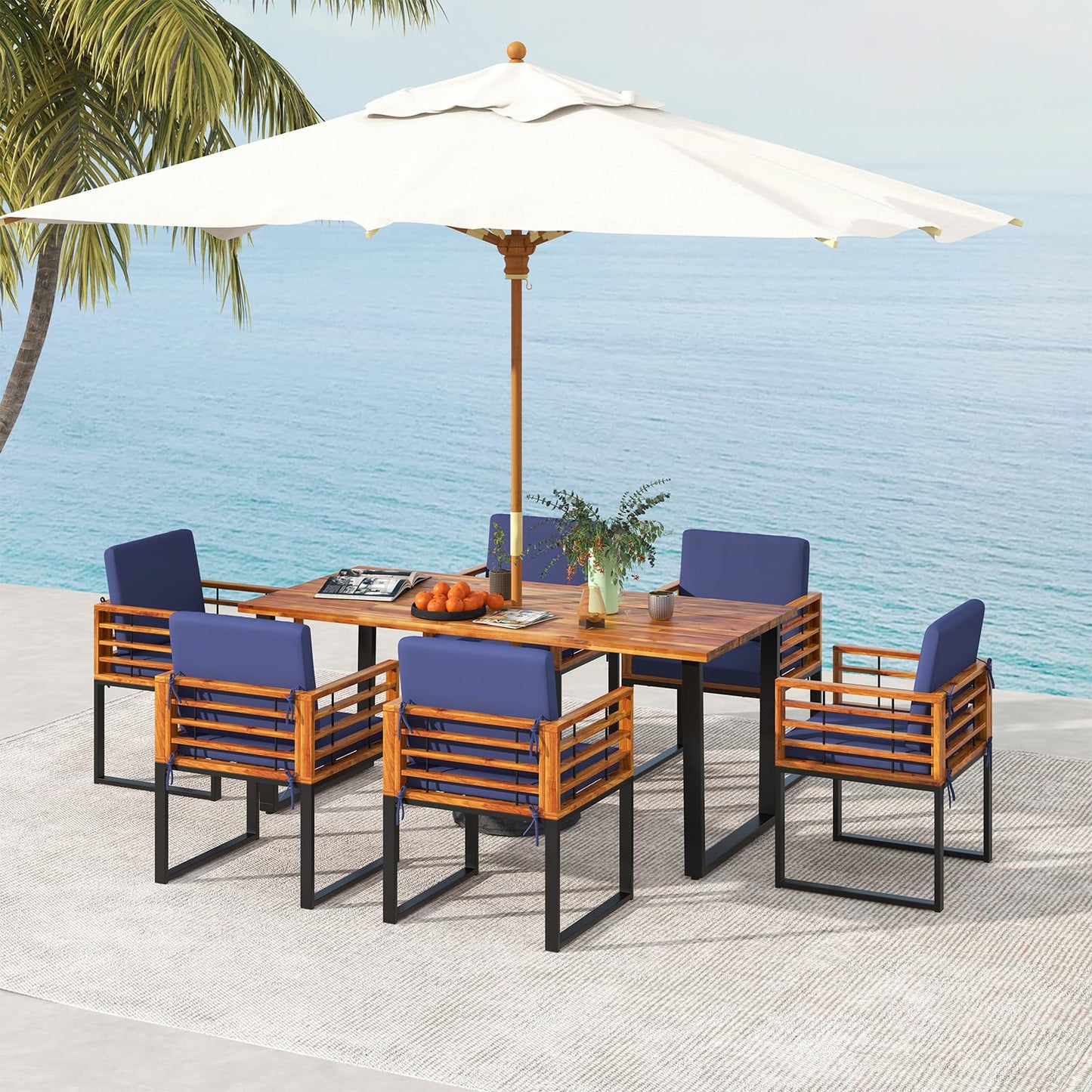 Tangkula 7 Piece Patio Dining Set Acacia Wood Dining Chair & Table Set