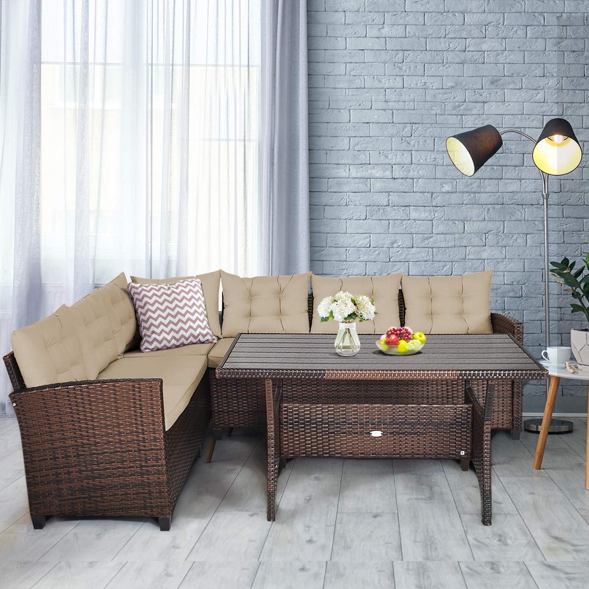 Tangkula Patio Furniture Set with 6 Cushioned Seat & Coffee Table