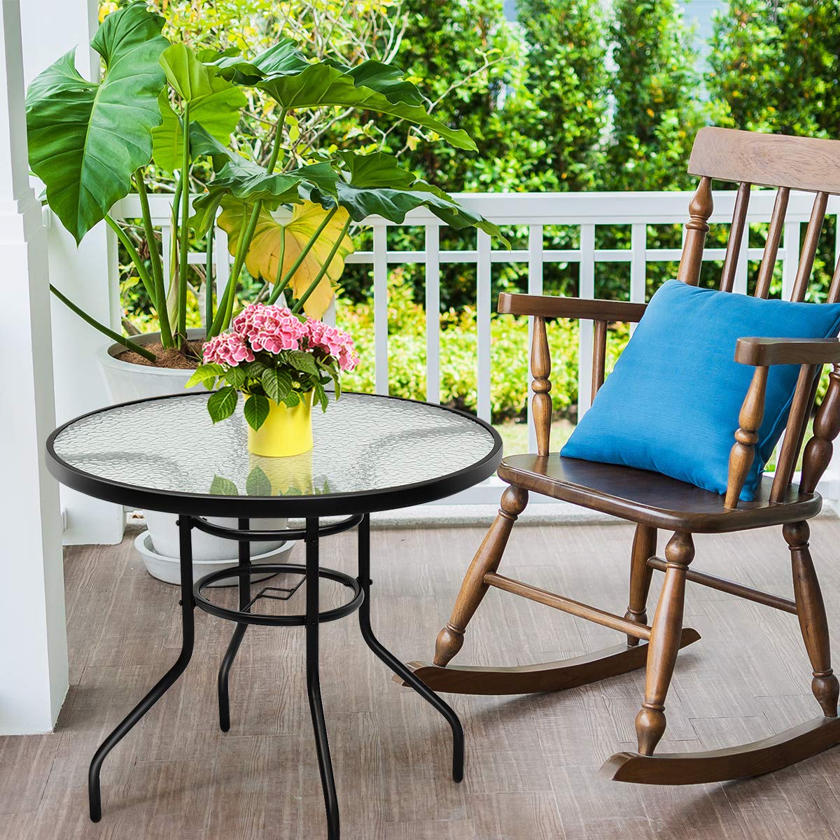 32" Outdoor Patio Table Round Steel Frame Tempered Glass Top Commercial Party Event Furniture Conversation Coffee Table
