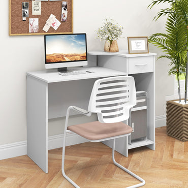 Tangkula Bureau blanc avec tiroir de rangement et étagères, bureau d'ordinateur moderne avec étagère réglable et passe-câbles, blanc