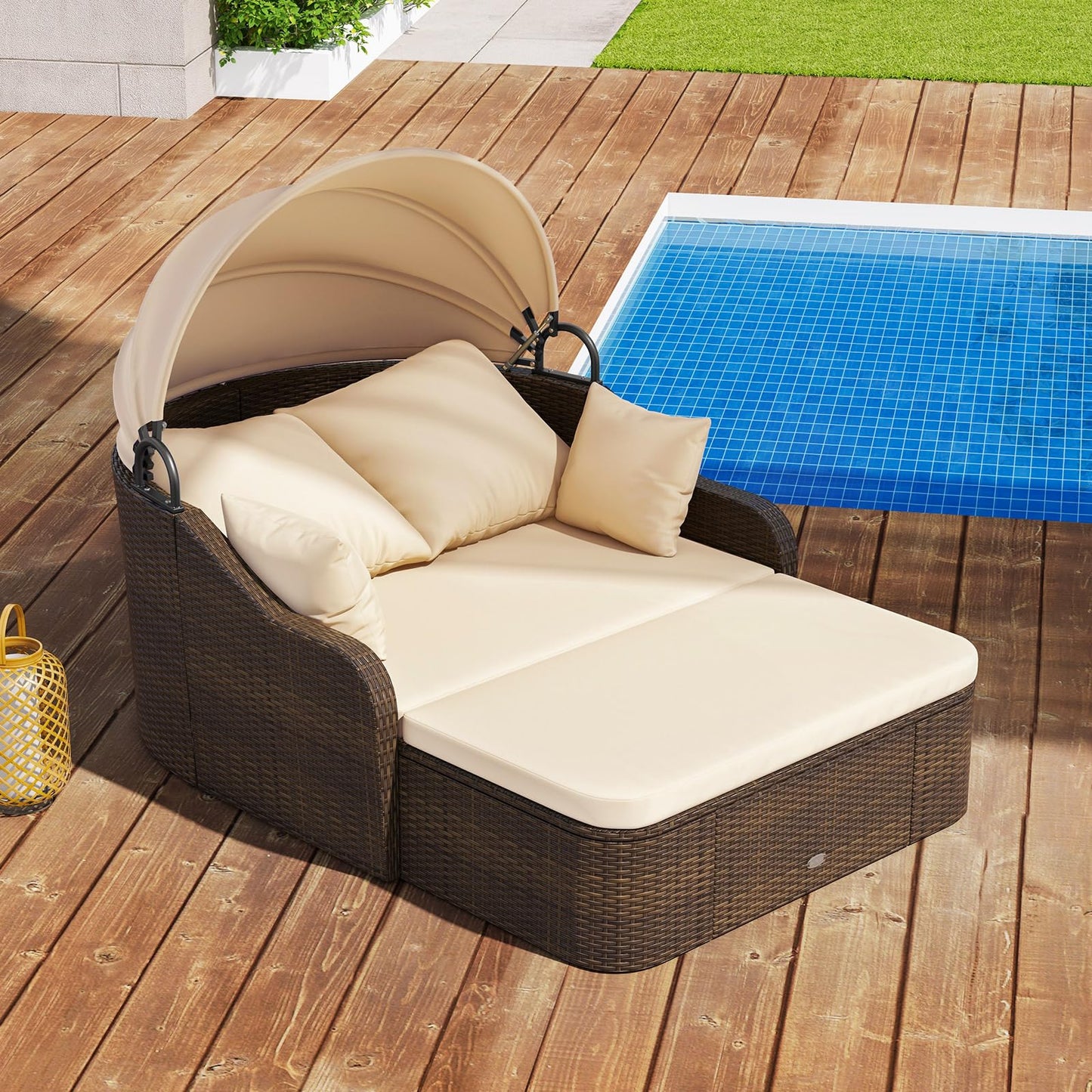 Tangkula Patio PE Rattan Daybed with Retractable Canopy