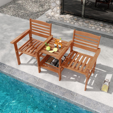 Tangkula Canapé deux places de patio extérieur avec table, ensemble de conversation en bois 2 places avec table basse et trou pour parasol
