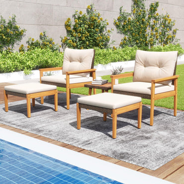Ensemble de meubles de jardin en rotin Tangkula 5 pièces, chaises et poufs à cadre en bois avec table basse carrée