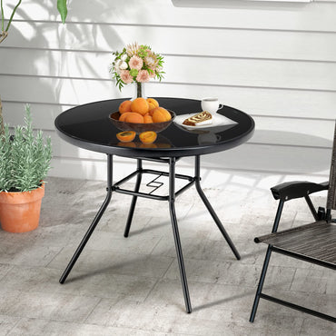 Table de salle à manger Tangkula de 34 pouces pour patio, table ronde en verre trempé avec trou de parasol de 1,5 po