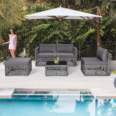 Tangkula Ensemble de mobilier de jardin 5 pièces, Patiojoy en rotin PE robuste toutes saisons (Gris)