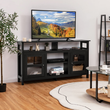 Meuble TV Tangkula de style rustique pour téléviseurs à écran plat jusqu'à 65", console TV en bois avec 2 armoires et 4 étagères