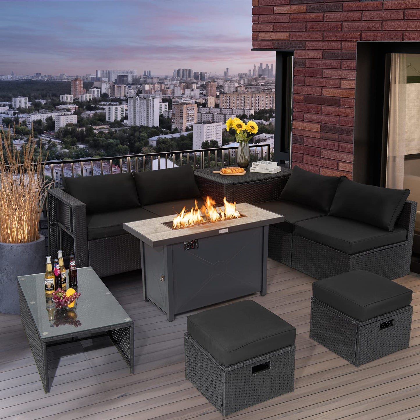 Tangkula 9 Pieces Outdoor Wicker Sectional Sofa with 42" 60,000 BTU Gas Fire Pit Table