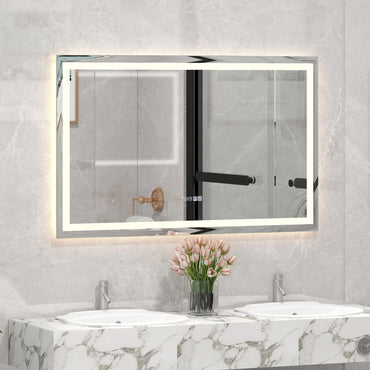 Tangkula LED Bathroom Mirror, Wall Mounted Rectangle Mirror w/ 3-Color Dimmable Lights, Time/Temp Display, Anti-Fog