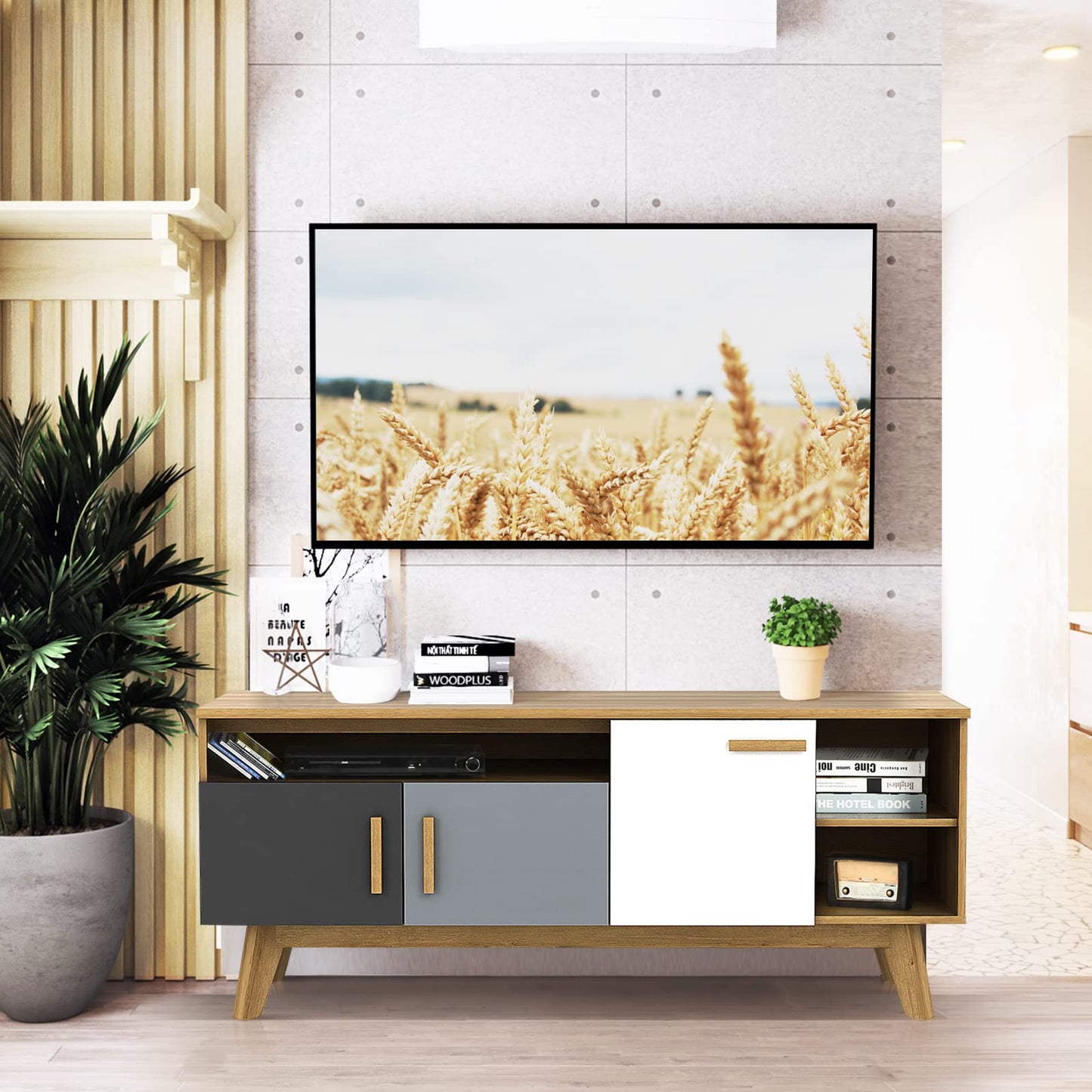 Tangkula Modern TV Stand, Wood TV Console Table for TVs up to 65 Inch, Entertainment Center with 3 Storage Cabinets (Natural)