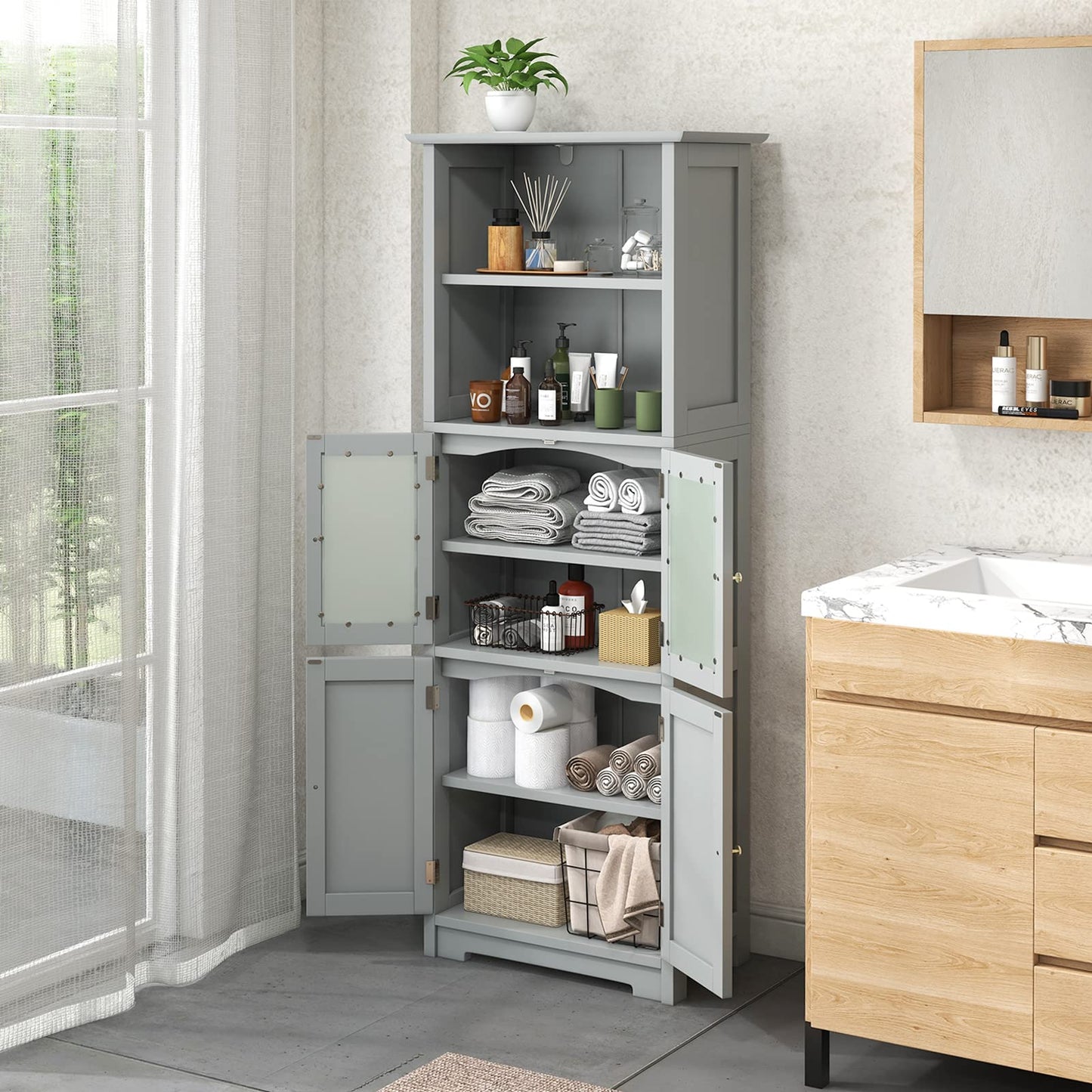 Tangkula Tall Bathroom Storage Cabinet, Freestanding Floor Cabinet