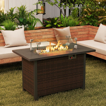 Tangkula Table Foyer d'Extérieur au Propane, Table Foyer Rectangulaire en Rotin de 42 Pouces avec Pare-Vent et Pierres de Verre