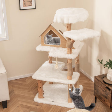 Arbre à chat Tangkula en bois massif, tour à chat moderne en bois avec poteaux à griffer en jute, 2 perchoirs, niche