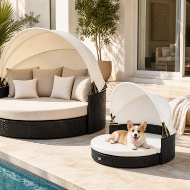 Tangkula Wicker Dog House with Retractable Canopy