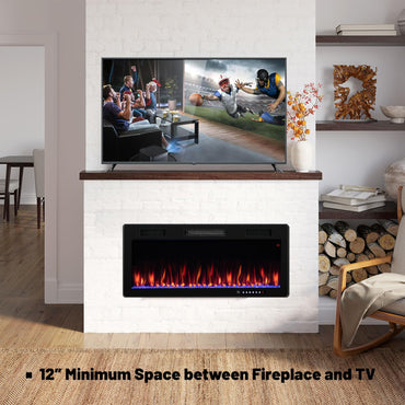 Tangkula 40 Inch Linear Electric Fireplace, Recessed & Wall-Mounted Fireplace Heater with Multi-Color Flame
