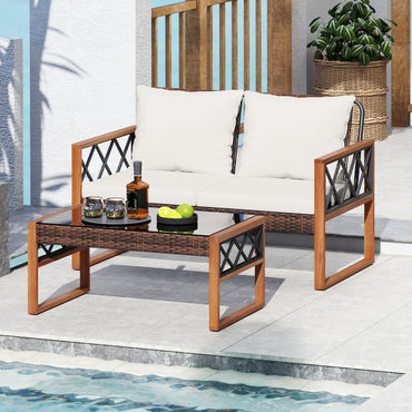Tangkula 2 Pieces Outdoor Acacia Wood Loveseat and Table Set