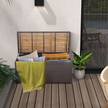 Banc de rangement extérieur Tangkula 45 gallons, coffre de rangement en rotin brun mélangé avec doublure zippée