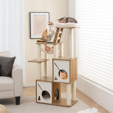 Arbre à chat moderne Tangkula, tour à chat en bois de 145 cm avec poteaux à griffer en sisal, perchoir supérieur rembourré