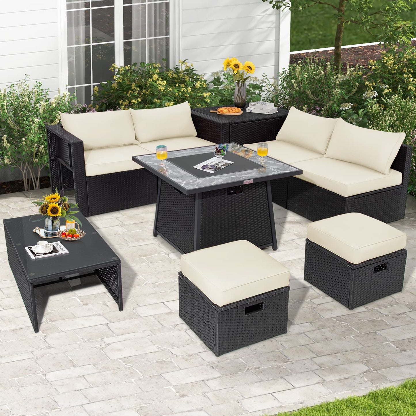 Tangkula 9 Pieces Outdoor PE Rattan Sectional Sofa with 35-Inch Gas Fire Pit Table