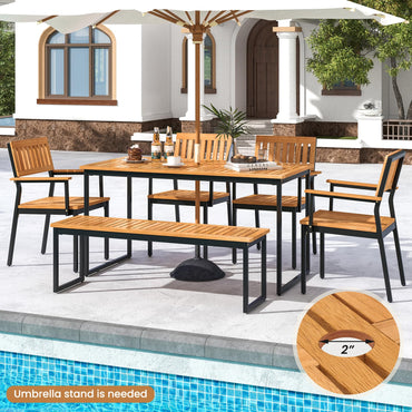 Tangkula Ensemble de salle à manger d'extérieur 6 pièces en bois d'acacia, table et chaises de patio avec banc pour 6-7 personnes