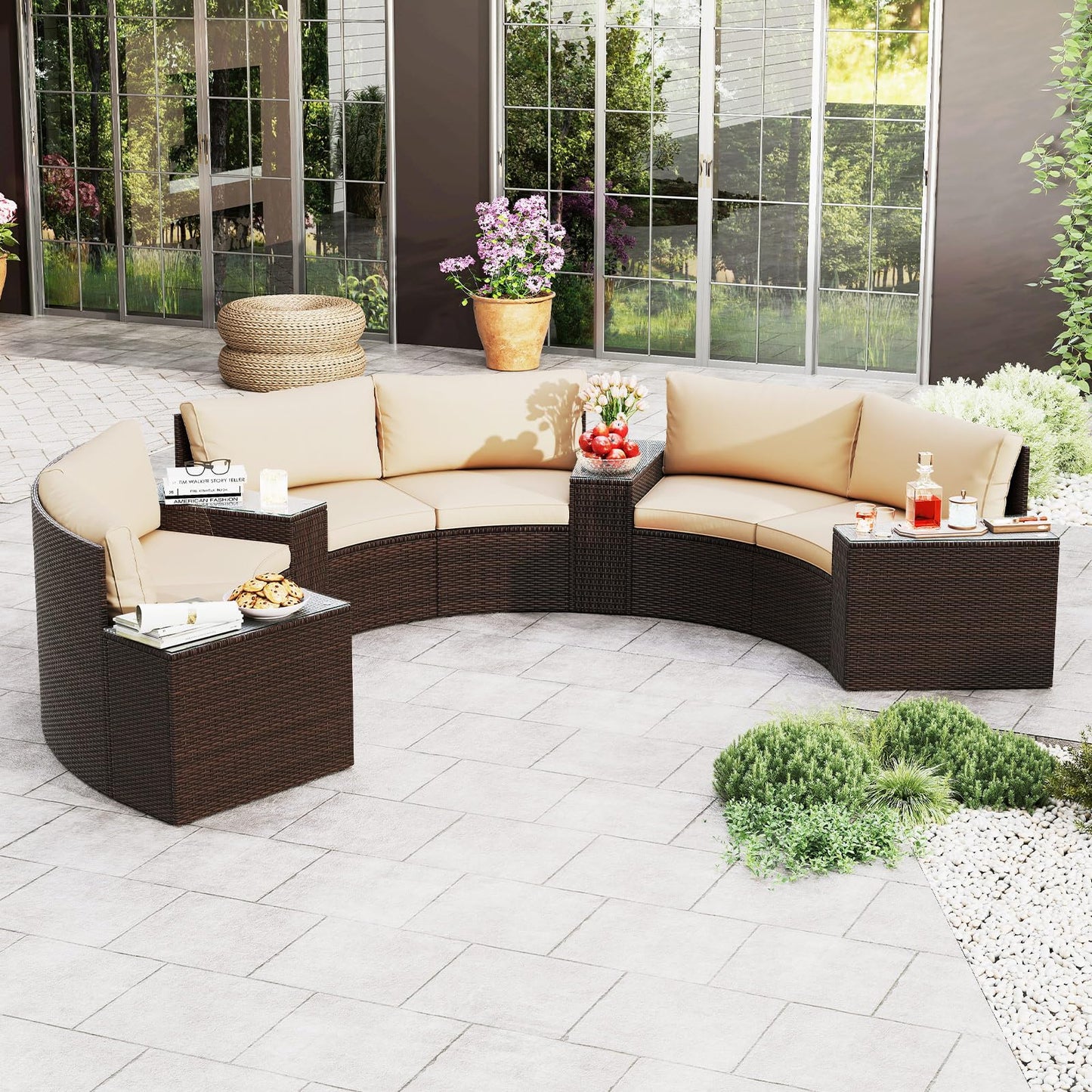 Tangkula 5 Pieces Patio Furniture Set Rattan Half-Moon Curved Sectional Cushioned Sofas