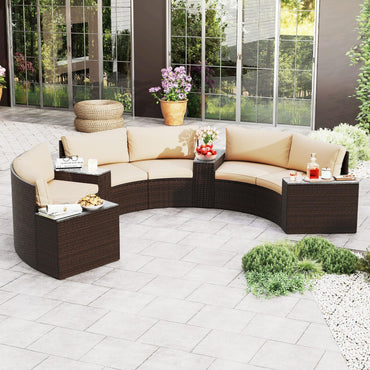Tangkula Ensemble de mobilier de jardin 5 pièces en rotin demi-lune, canapés modulaires incurvés avec coussins