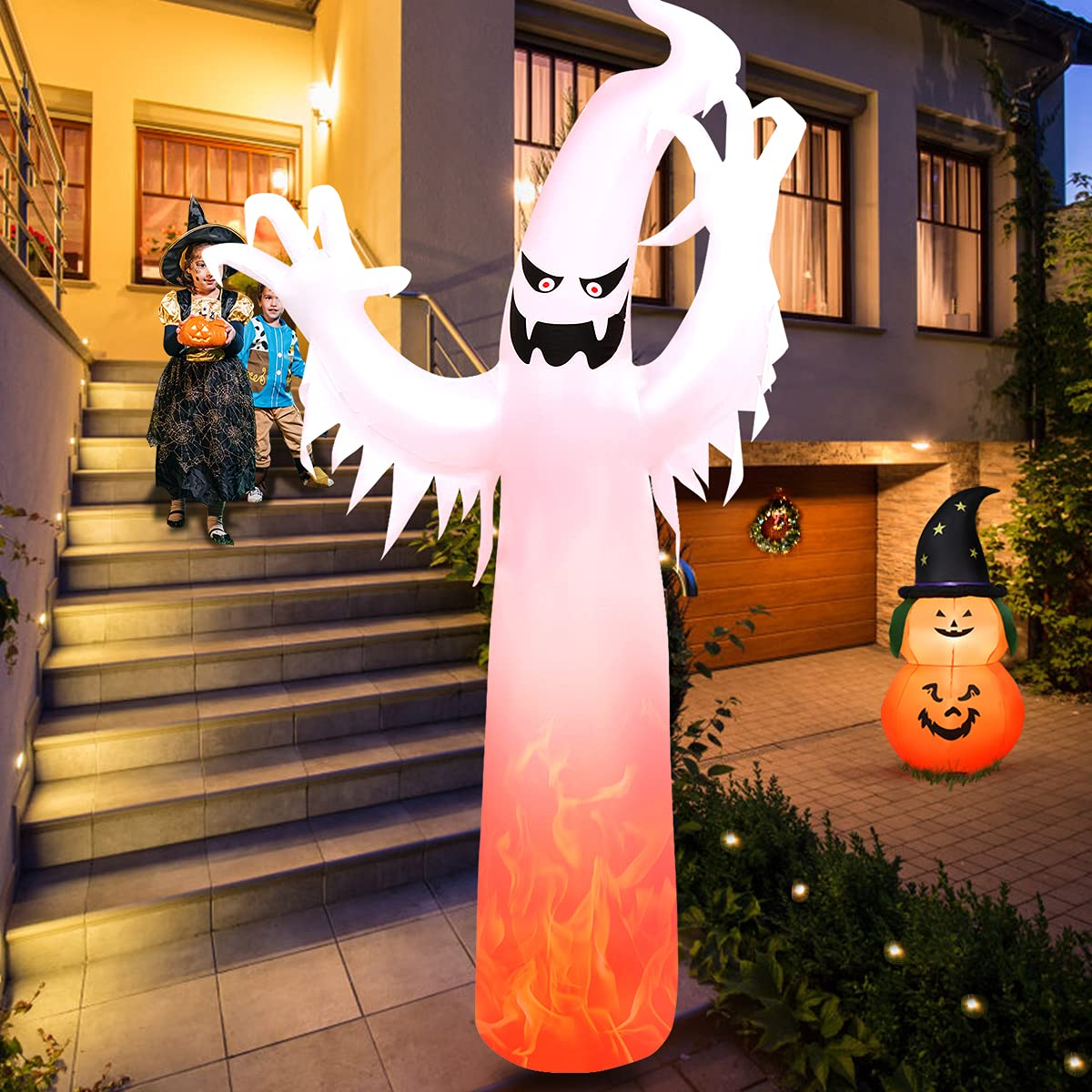Tangkula 12 FT Halloween Inflatable Ghost W/ Rotating Flame LED Lights, Air Blower, Stake, Sandbag