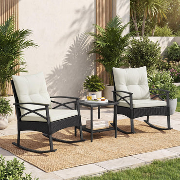 3 Pieces Rattan Outdoor Rocking Chairs Set with 2-Tier Tempered Glass Coffee Table