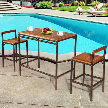 Ensemble de bar de terrasse Tangkula 3 pièces, ensemble de bar extérieur en rotin bistrot avec plateau en bois d'acacia