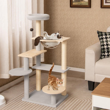 Arbre à chat moderne Tangkula, tour à chat multi-niveaux de 112 cm avec perchoir supérieur rembourré et amovible