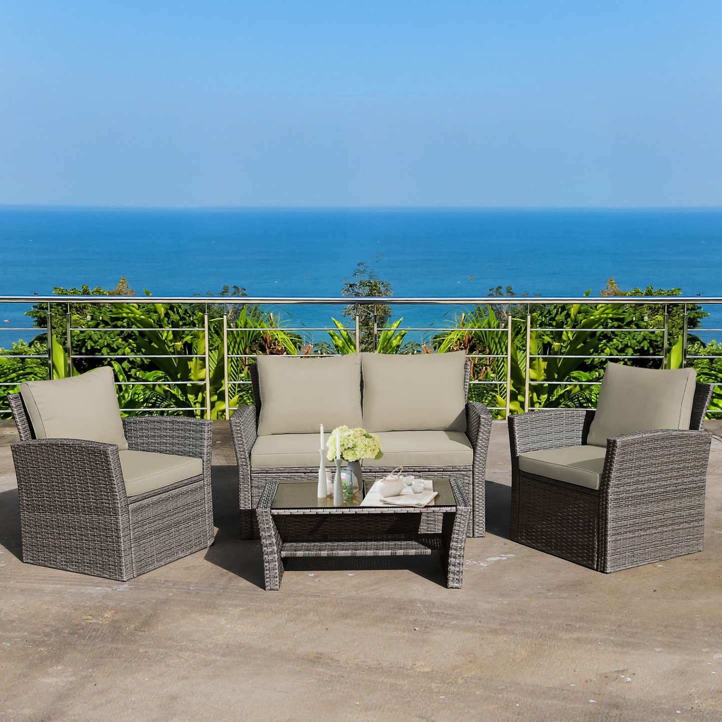 Tangkula 4 Pieces Patio Furniture Set, Outdoor Conversation Set with Cushions and Coffee Table