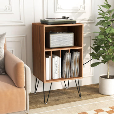 Tangkula Record Player Stand with Charging Station, Turntable Stand with Metal Legs, Vinyl Record Storage Cabinet