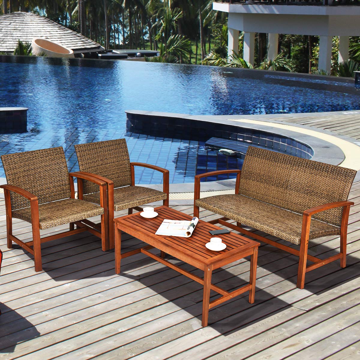 Tangkula 4 PCS Patio Acacia Wood Rattan Conversation Set