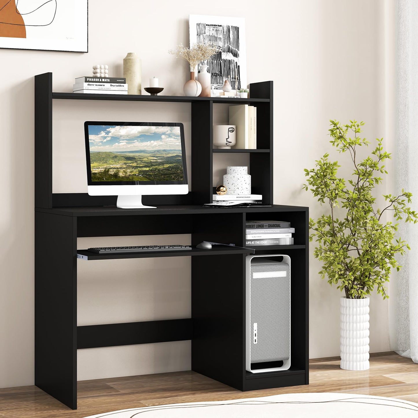 Tangkula Desk with Hutch &Charging Station, Home Office Desk with Keyboard Tray