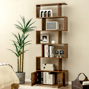 Tangkula S Shaped Bookshelf with Cabinet, 6-Tier Bookcase with Doors, Freestanding Geometric Bookshelves for Living Room