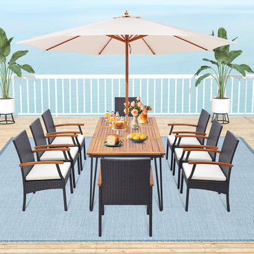 Tangkula Salon de jardin en rotin pour 8 personnes, table en bois d'acacia