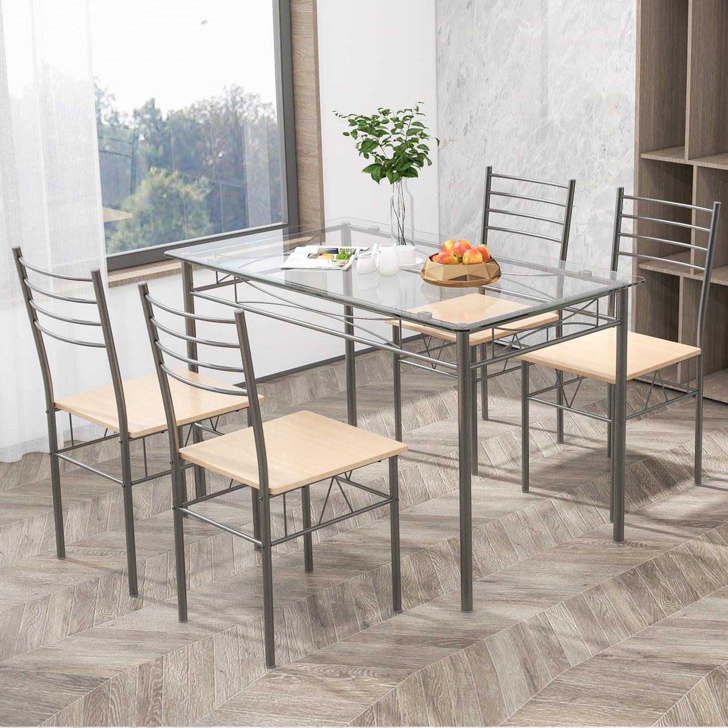 Tangkula Dining Table Set, 5 Pieces Dining Set with Tempered Glass Top Table and 4 Chairs