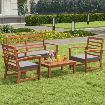 Ensemble de meubles d'extérieur Tangkula 4 pièces, ensemble de conversation en bois d'acacia avec coussins d'assise moelleux