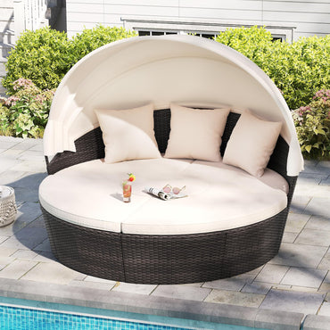 Tangkula Patio Round Daybed with Retractable Canopy Center Table & Throw Pillows