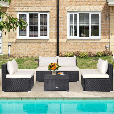 Tangkula Ensemble de 5 meubles de terrasse extérieurs, salon de jardin en rotin synthétique Patiojoy avec coussins et table basse