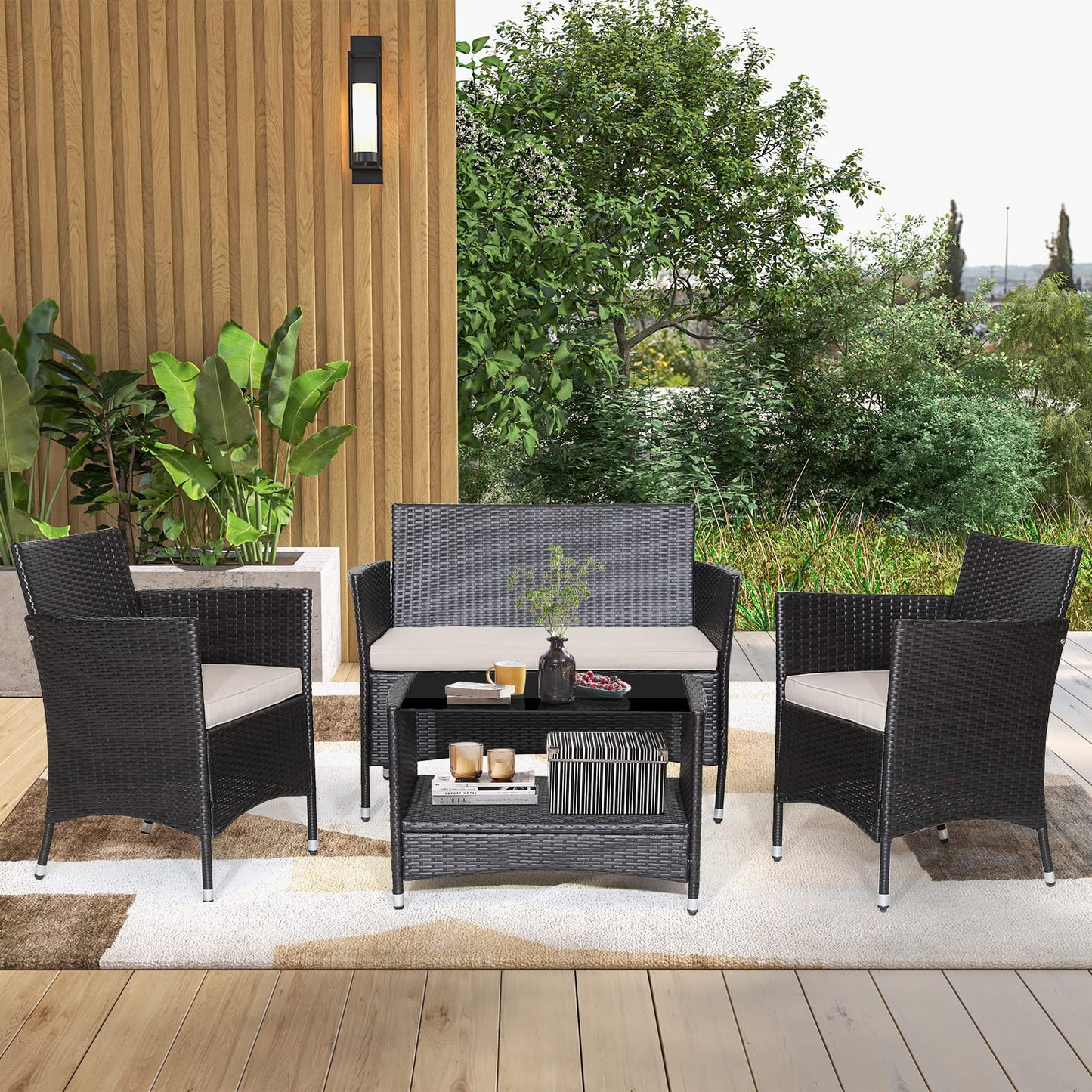 Tangkula 4 Pieces Patio Furniture Set, Patiojoy Outdoor PE Wicker Conversation Set with Soft Cushions and Tempered Glass Tabletop