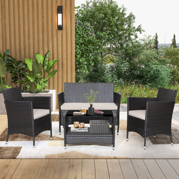 Tangkula Salon de Jardin 4 Pièces, Patiojoy Ensemble de Conversation d'Extérieur en Résine Tressée avec Coussins Moelleux et Table Basse en Verre Trempé