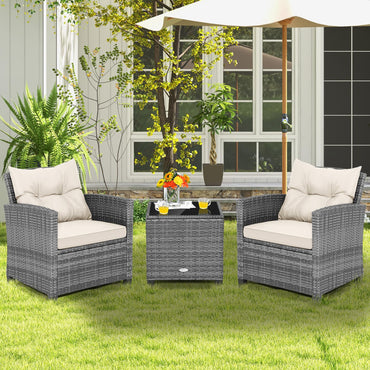 Tangkula PE Rattan Wicker 3 Pcs Outdoor Sofa Set w/Washable Cushion and Tempered Glass Tabletop