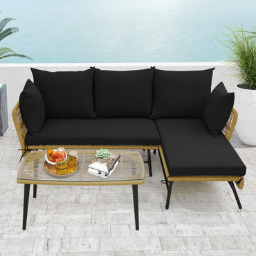 Ensemble de meubles d'extérieur en osier Tangkula, canapé de patio en forme de L 3 pièces avec coussins et table en verre trempé