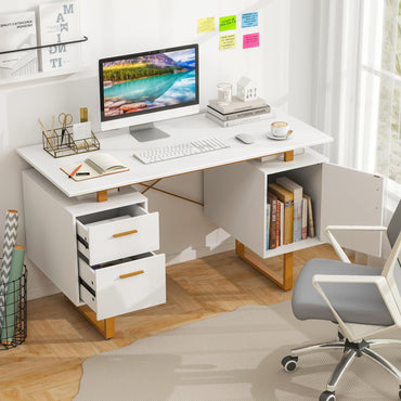 Tangkula Bureau blanc avec tiroirs de rangement et armoire, poste de travail informatique de bureau à domicile avec plateau flottant