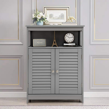 Tangkula Meuble de rangement de salle de bain en bois, sur pied avec double porte persienne et étagère réglable
